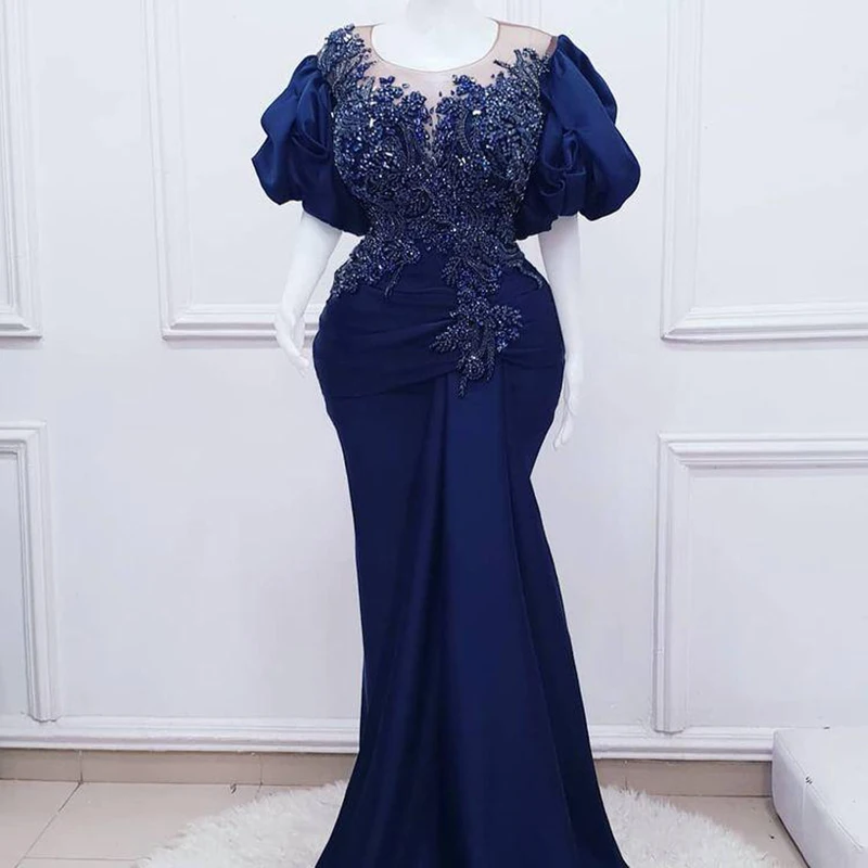 Navy Blue Prom Dresses Puffy Mouwen Sheer Hals Kralen Appliques Plus Size Avondjurk Mermaid Formele Gowns Robes De Soiree