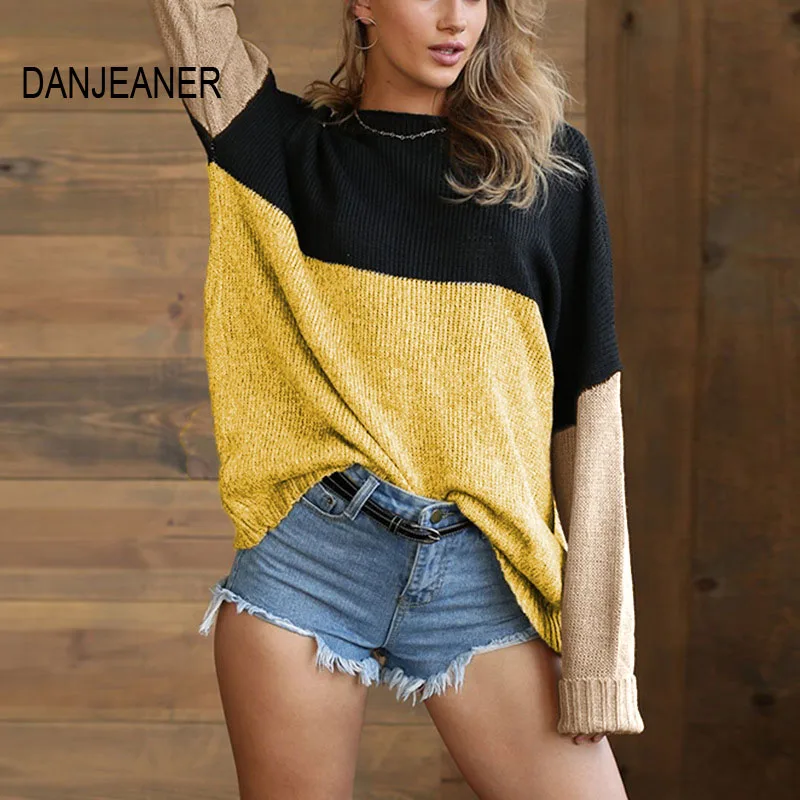 

DANJEANER Fasion Contrast Color Casual Pullovers Spring O Neck Long Sleeve Knitted Sweater Patchwork Female Tops Jumper Knitwear