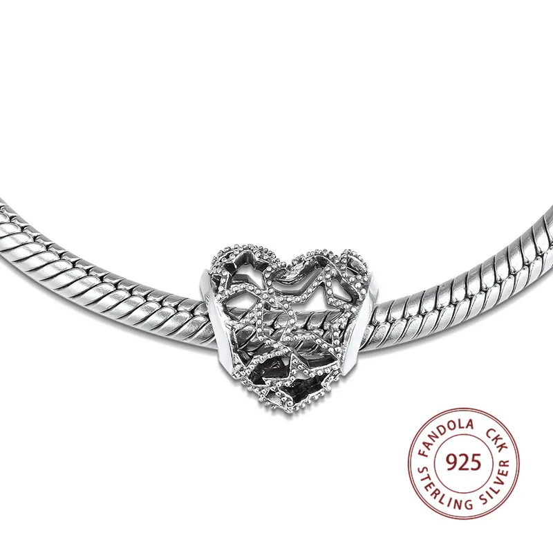 Подходит для браслета Pandora Argent Charm бусины из стерлингового серебра 925 Сердце и звезды ажурные амулеты из бус для изготовления ювелирных изделий kralen