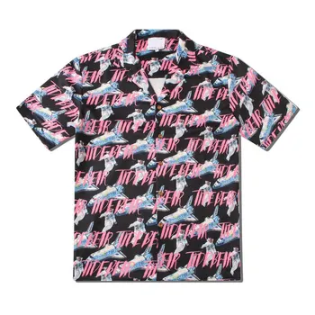 

Japanese Urban Clothes Men Hip Hop Street Shirt Pink Text All Over Printed Summer Short Sleeved Shirts for Men Hawaii Shirts