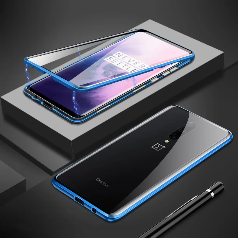 Синий Магнитный поглощающий металлический чехол s для Oneplus 7 7T Pro 6T чехол для телефона двухстороннее стекло 360 противоударный чехол для Oneplus 7T 7 6 - Цвет: Синий