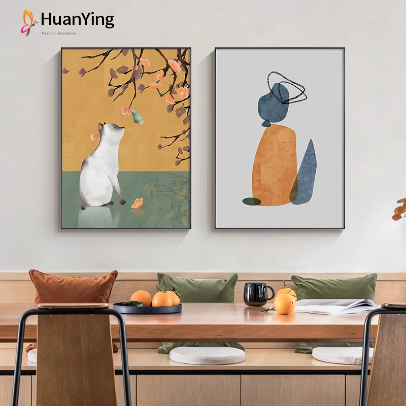 

Cat with Butterfly Painting Picture Nordic Cartoon Canvas Painting Living Room Children Room Wall Decoration Modern Poster Print