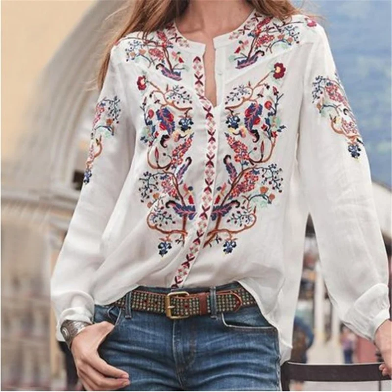 Осенние модные блузки женские винтажные рубашки с цветочным принтом женские повседневные блузы с круглым вырезом и длинным рукавом Топы размера плюс - Color: White