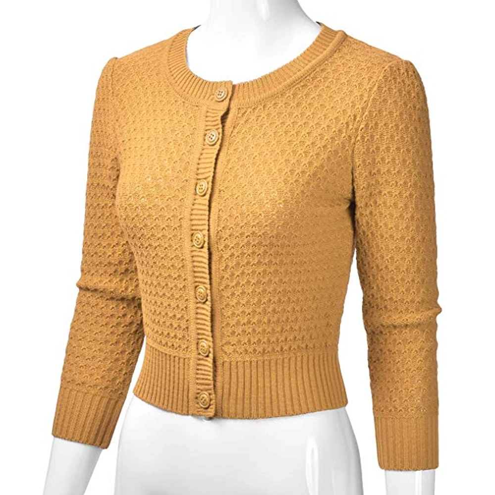 Litthing Ladies Knitted Crop Coat Women Fashion Solid Button Down 3/4 Sleeve Cropped Sweater Cardigan Casual Short Outwear