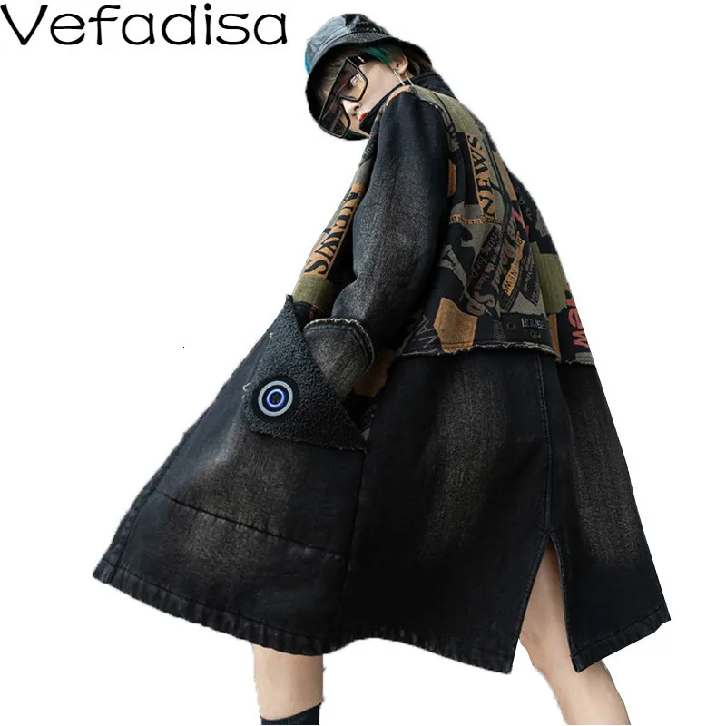 Vefadisa Print Denim Trench Coat Woman 2019 Winter Thick Slim Pocket Stand Collar Loose Black QYF1364 |