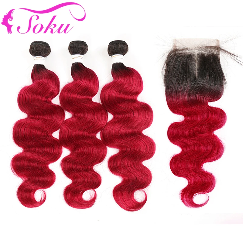 1B 99J/Burgundy Human Hair Bundles With Closure 4x4 Brazilian Body Wave 3 Bundles With Closure Non-Remy Hair Weave Bundles SOKU