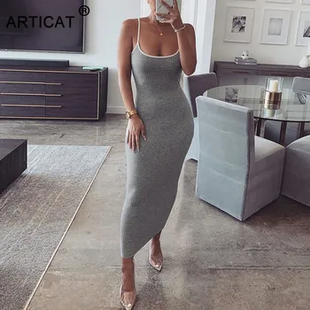 

Articat Spaghetti Strap Backless Sexy Long Dress Off Shoulder Bodycon Pencil Dress Casual Slim Autumn Party Dress Women Vestidos