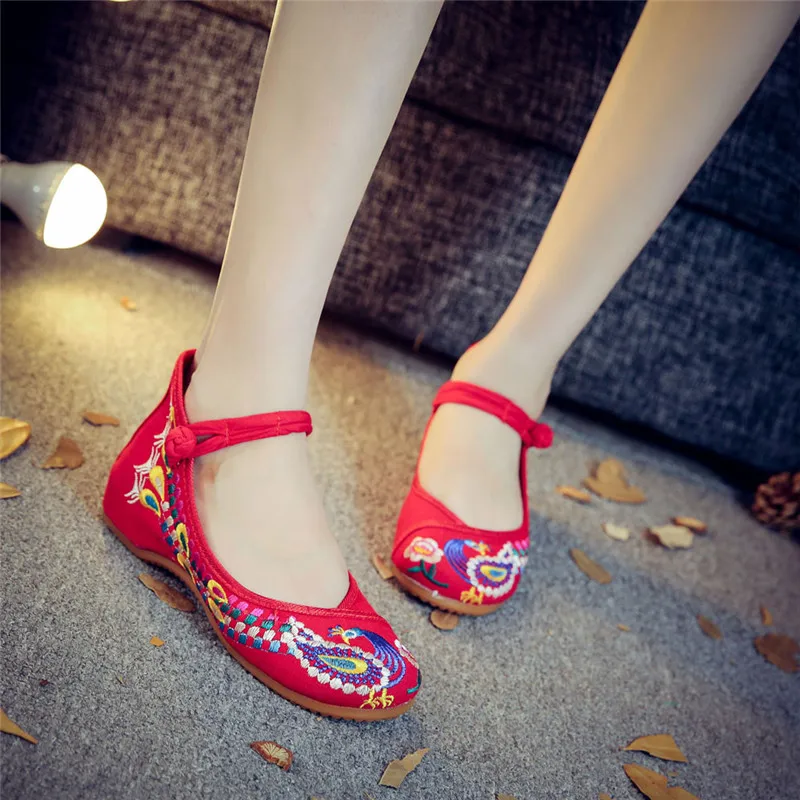 

Women Comfortable Embroidery Mary Jane Fabric Flats Traditional Embroidered Old Peking Flower Canvas Casual Large Size 41