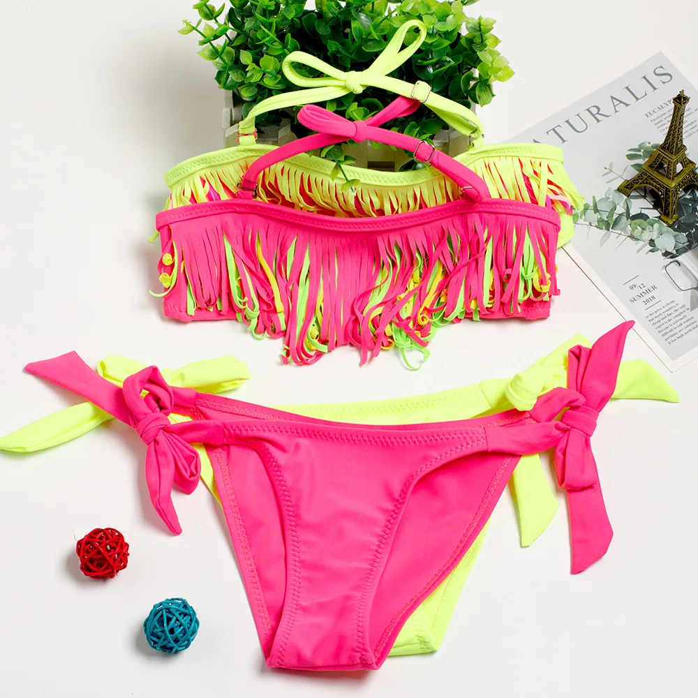 

New 2019 Girls Swimwear 5~14Years Girls swimsuit Tassel Style Children swimwear Kids Bikini Sets Biquini Infantil-ST9016