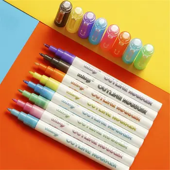 

8Pcs Self-outline Metallic Markers, 8pcs Double Line Pen BuIIet Journal Pens & Colore Markers