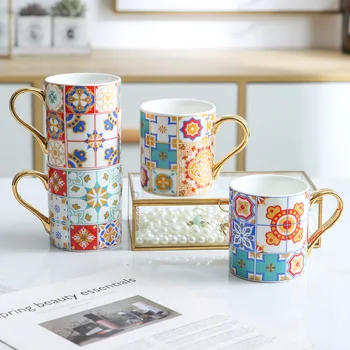 

Luxury Coffee Mug with Gold Handle Baroque Style Vintage Ceramic Tea Water Cup for Mom Women Mothers Girls Wedding Gift 300ml