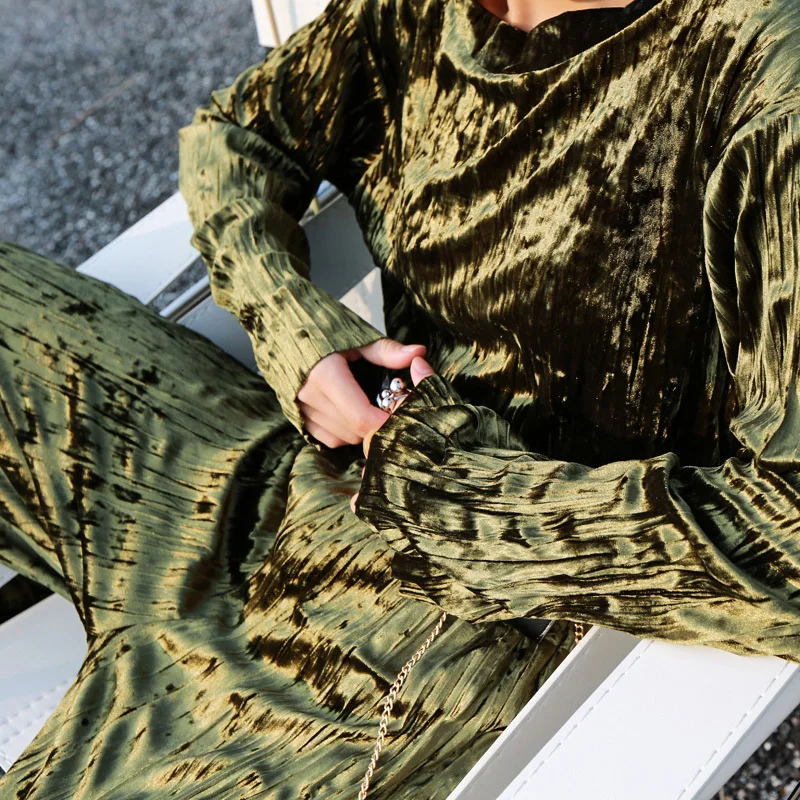 [EAM] широкие брюки бархатный костюм из двух предметов круглый вырез длинный рукав черный свободный крой Женская мода весна осень 1K281 - Цвет: Army green