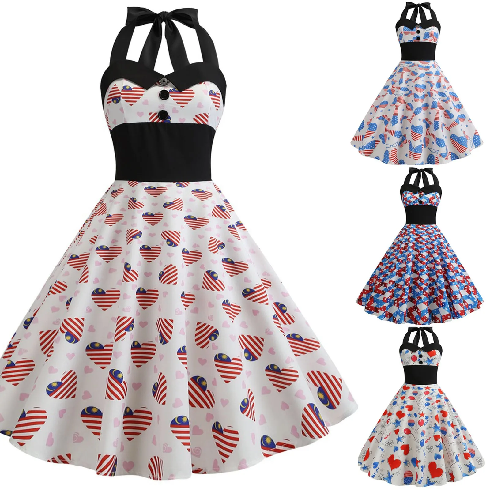 2021 Women's Sleeveless Independence Day Black Ribbon Waist Gathering Big Hem Dress Party Dating Clothes knee length Vestido 1