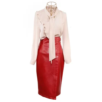

lady NEW FASHION 2019 Winter Autumn Khaki Solid Color Ruffle Shirt Sexy Red Pu Leather Skirtsuit 2 Piece Set Women B427