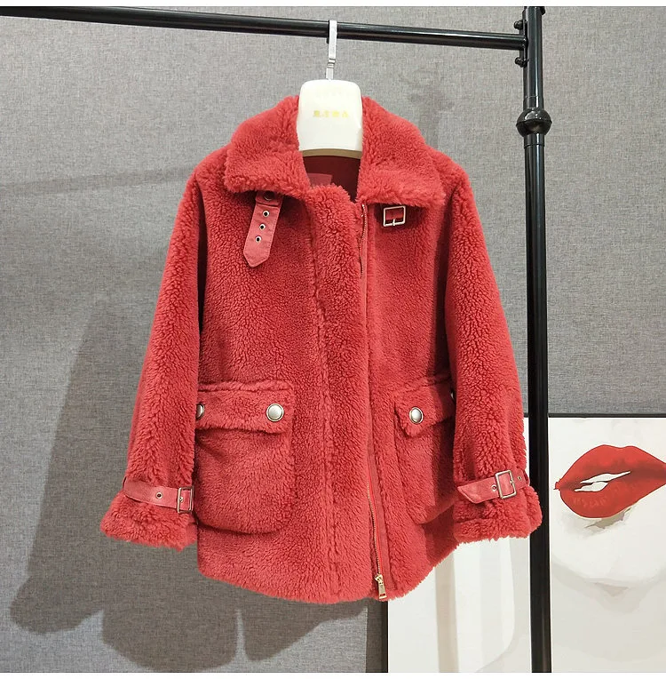 Red Женское пальто из искусственного меха, большие размеры, мотоциклетная 30% шерсть, овчина, шубы и куртки, новинка, модная женская одежда - Цвет: Red