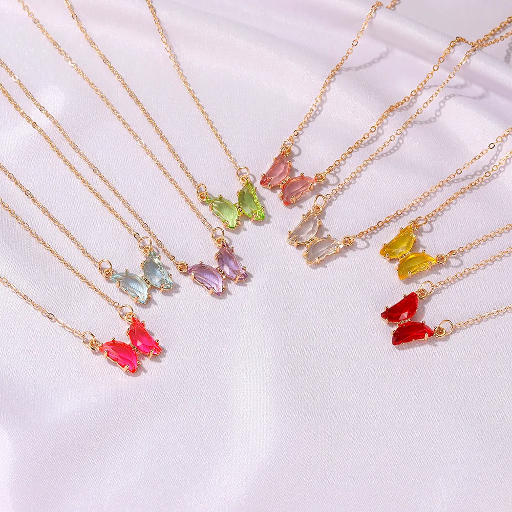 Summer Wind Glass Crystal Butterfly Necklace Korea Super Fairy Dream Through Color Clavicle Chain Neck | Украшения и аксессуары