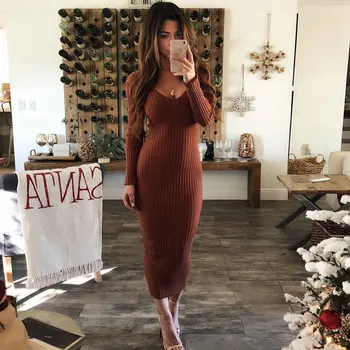 

Knitted Sweater Dress Women Long Sleeve Sexy Midi Bodycon Dress Black White Red Long Stretchy Knitted Winter Dress