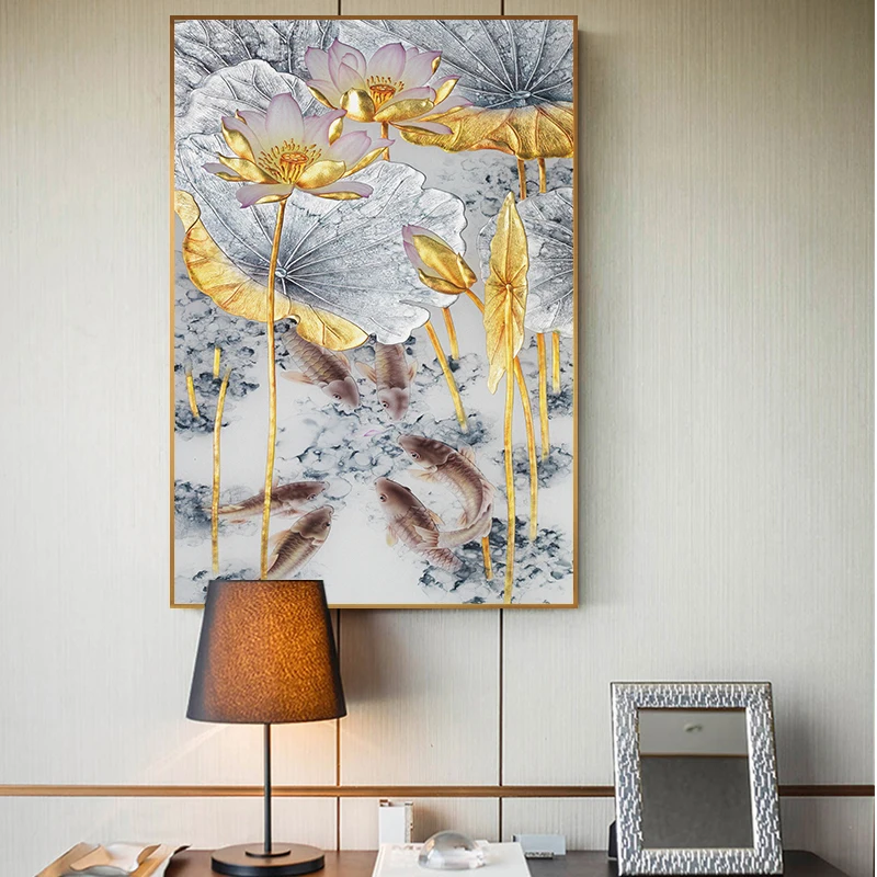 Abstract-Gold-Lotus-Fishes-Canvas-Painting-Modern-Poster-Art-Cuadros-New-Chinese-Style-Decor-Wall-Pictures