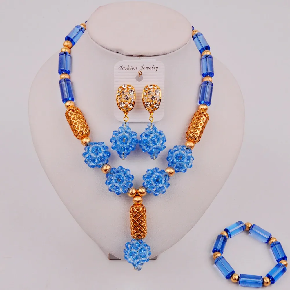 

Beautiful Pale Blue Sky Blue Nigerian Wedding African Beads Jewelry Set Crystal Women Costume Necklace Sets ZQ3-10