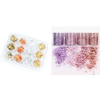 

12 Box Gold Silver Copper Rainbow Foil Paillette Chip Nail Art Design Decoration & 4Pots Sequins Glitter Dust Powder Paillette T