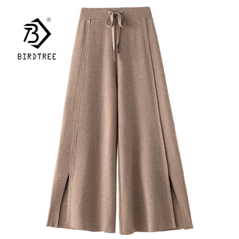 

2020 Autumn Winter Women Wide-Legged Pants Elastic Waist Split Drawstring Trousers Thick Knitted Loose Bottoms B09315R