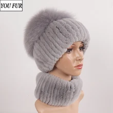 New Women Winter Luxury Real Rex Rabbit Fur Hat Scarf 2 Pieces Knitted Rex Rabbit Fur Hat Top Natural Fox Fur Cap Scarves Sets