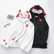 Японские милые уличные модные женские толстовки Harajuku Kawaii С лисьими ушками, толстовка с капюшоном, пуловер с вышивкой сакуры, топы FF2300