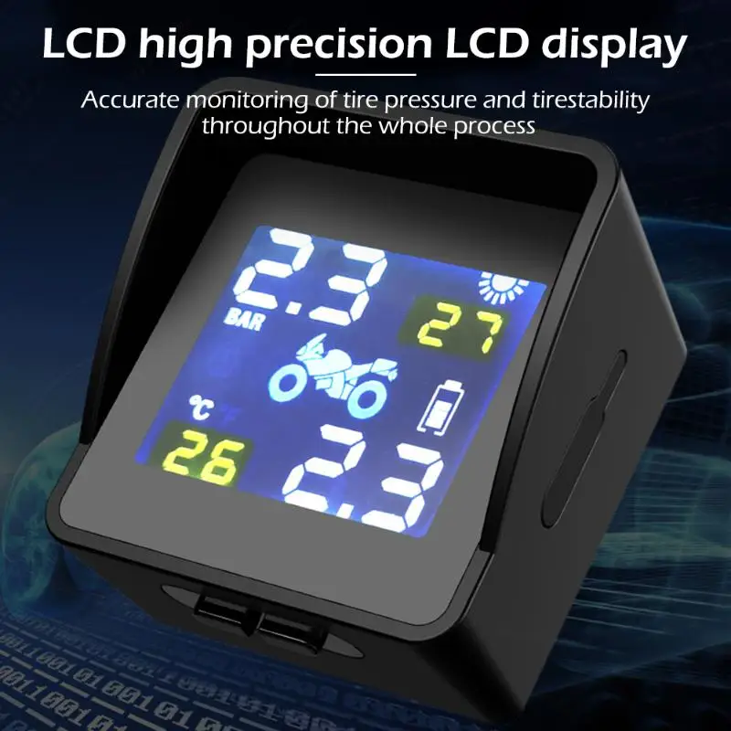 Солнечная зарядка для мотоциклов TPMS Беспроводная система контроля температуры в шинах IP65 Водонепроницаемый с 2 датчиками