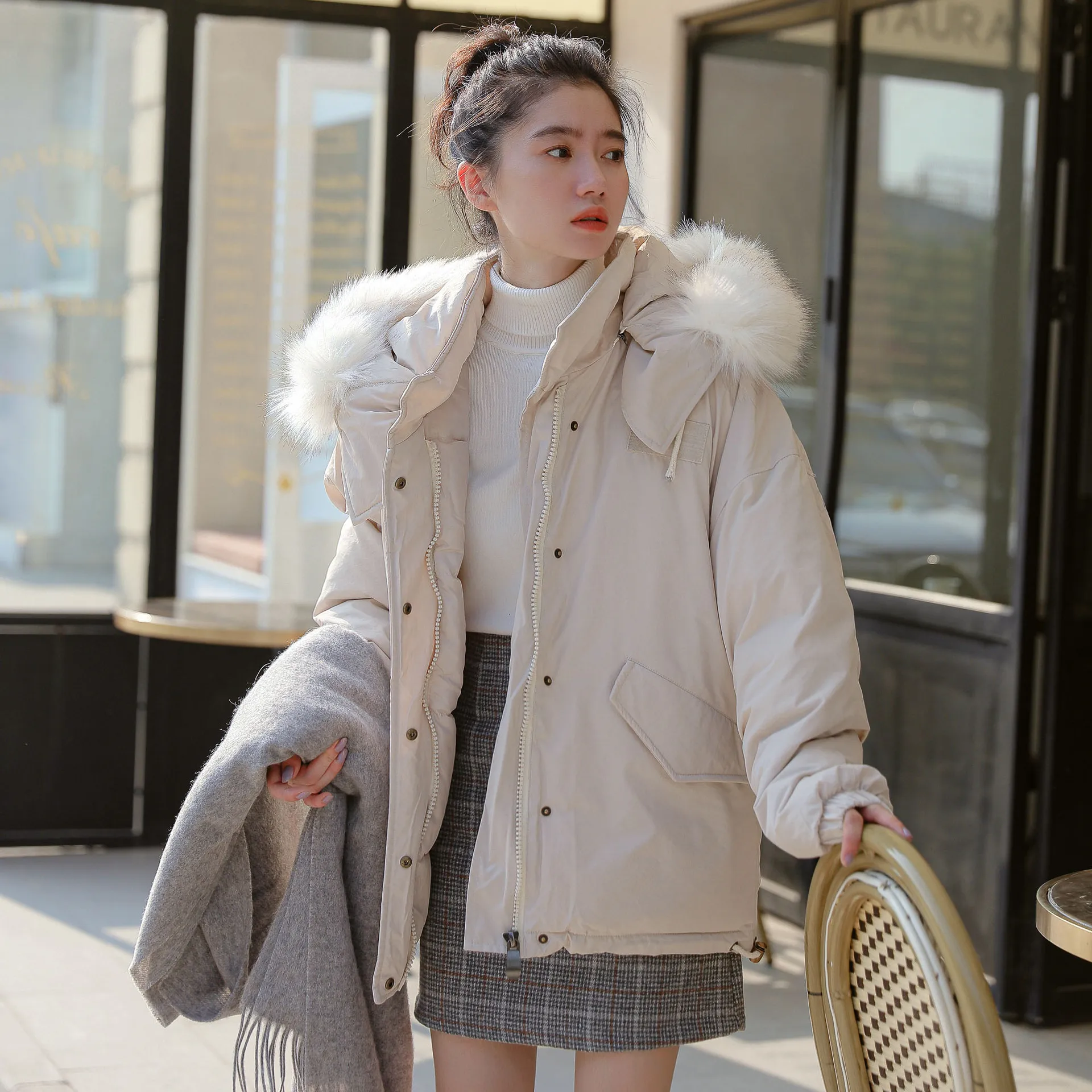 

Winter South Korea Elegant Hipster College Style Fur Collar Hooded Thick down Coat Women's down Cotton Overcoat Fashion