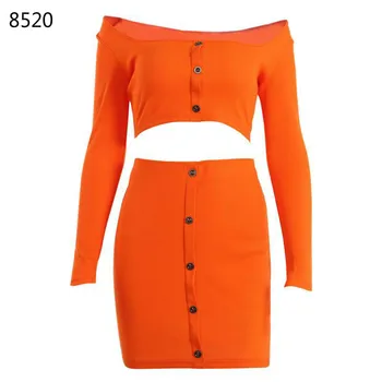 

Sexy Off Shoulder Two Piece Set Fashion Women Solid Button Long Sleeve Crop Top Mini Suits Casual Holiday Sets Summer Clothes