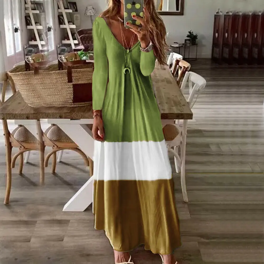 Новинка Лето Осень Женские Boho v-образным вырезом Сращивание Длинные вечерние женская одежда Макси Повседневная V Шеи Кафтан пляжное платье Сарафан - Цвет: Зеленый