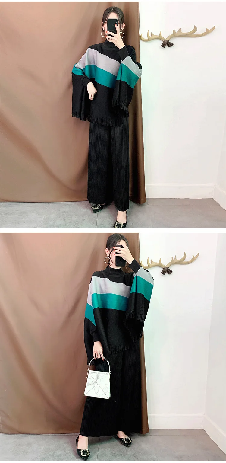 Miyake плиссированные футболки, пожалуйста, Женская Новая мода, повседневные Лоскутные водолазки с кисточками, блузы с рукавами «фонарик», большие размеры, женская рубашка