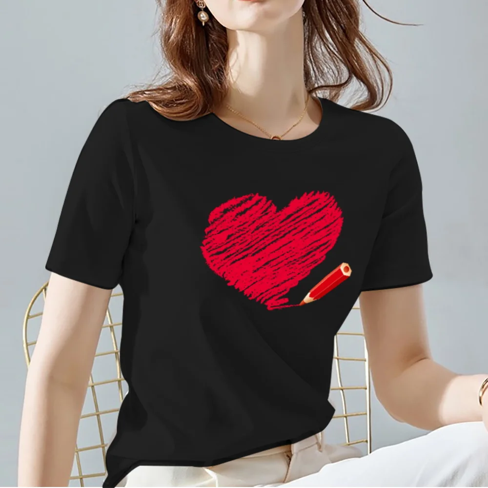 Women Tops Tee Black All-match Casual Ladies T-Shirts O Neck Love Heart Pattern Print Commuter Short Sleeve Women's Clothing friends t shirt