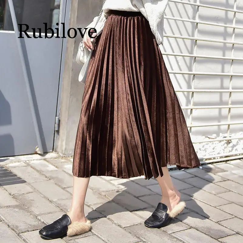 Rubilove autumn and winter new Korean gold velvet pleated skirt in the long paragraph female