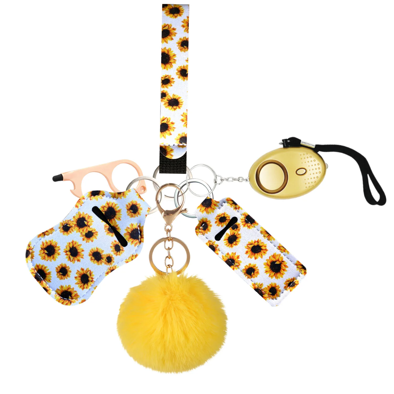 QINER Porte Clef Defense Femme Kit, Porte Clef Alarme Anti Agression avec  Securite Accessoire,Alarme de Poche, Brise Vitre,Pom Poms, Ensemble de