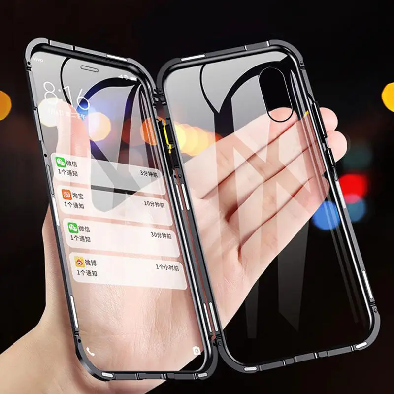 

Double Side Glass 360 Magnetic Adsorption Metal Case For iphone XR X XS Max 7 8 6 6S Plus Shockproof Front+back Tempered Glass