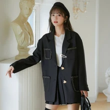 

Women Elegant Black Blazers Korea Style Contrast Pocket Single Breasted Loose Suits Office Lady Long Sleeve Casual Work Blazer