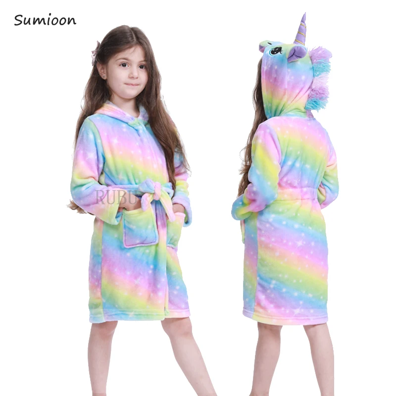 Детский фланелевый банный халат с капюшоном в виде единорога, детский халат, банный халат, одежда для сна в виде животных кигуруми для девочек и мальчиков, зимняя Пижама - Цвет: Rainbow stars Pegasu