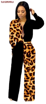 

Women Autumn Sexy Deep V Neck Long Sleeves Overalls Letter Leopard Print Jumpsuit Elegant Camouflage Print One Piece Rompers