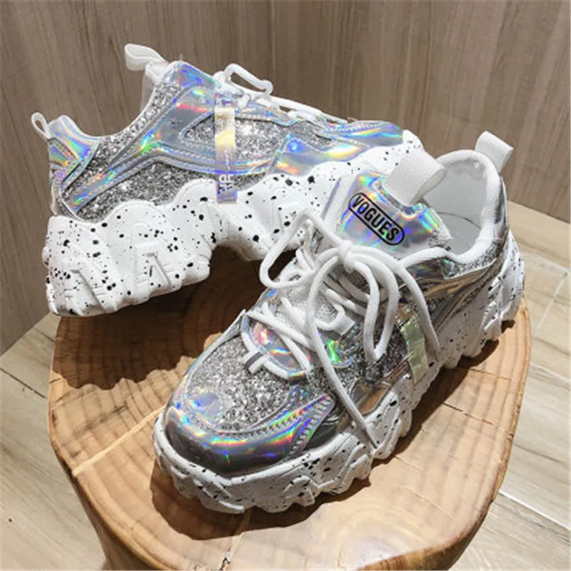 

Spring Women's Chunky Sneakers Fashion Women Platform Shoes Bling Sequined Lace-Up Vulcanize Shoes Female Trainers Dad Shoes