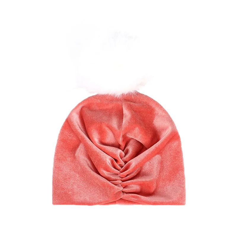 watermelon red Детская шапка с помпоном, шапка-капот, теплая зимняя шапка для маленьких девочек, детская шапочка, золотистая бархатная детская шапка для маленьких девочек - Цвет: watermelon red