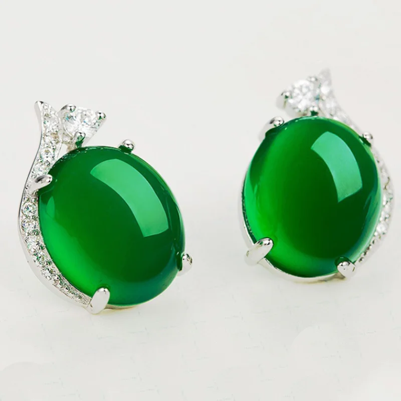 Women Earrings 925 Sterling Silver 2021 Summer New Fashion Vintage Green chalcedony Jewelry Runway Designer Luxury