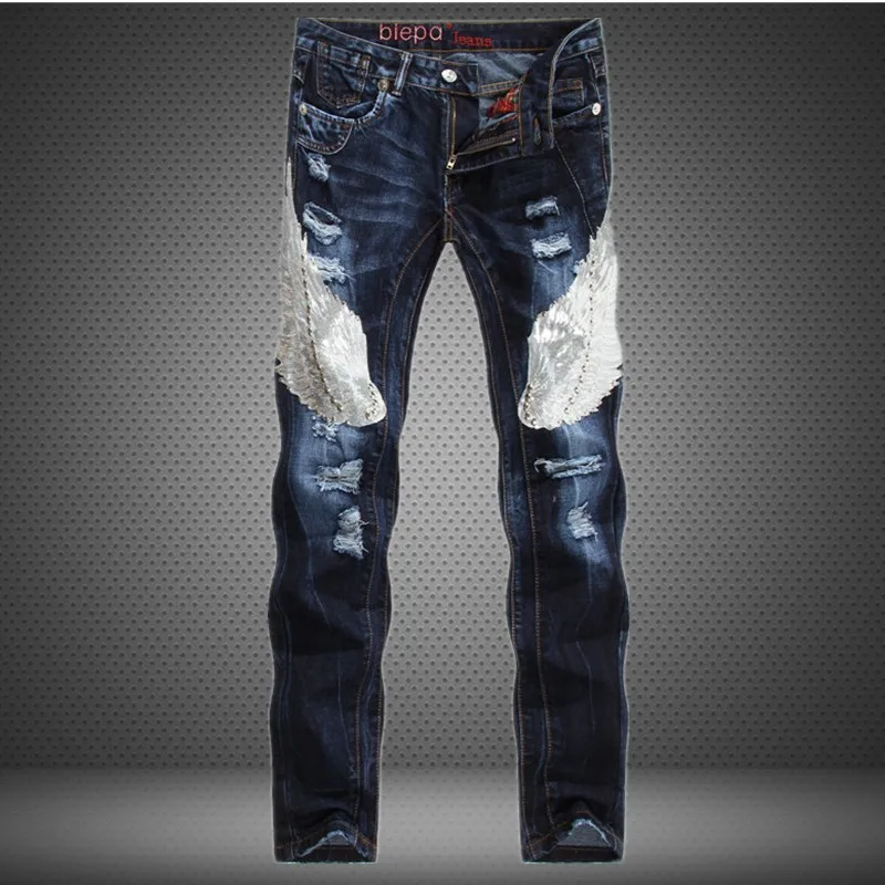 

Europe And America Men'S Wear Cowboy Hand-made Eagle Joint Slim Fit Straight-Cut Jeans Popular Brand Jeans