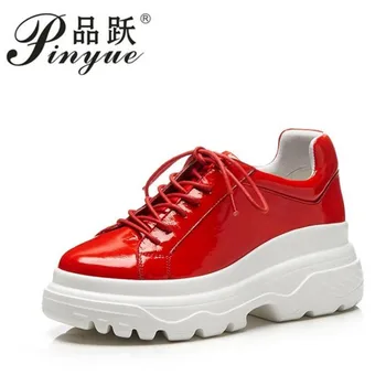 

handmade genuine leather thick bottom platform round toe sneakers handsome girls lace up daily vulcanized shoes