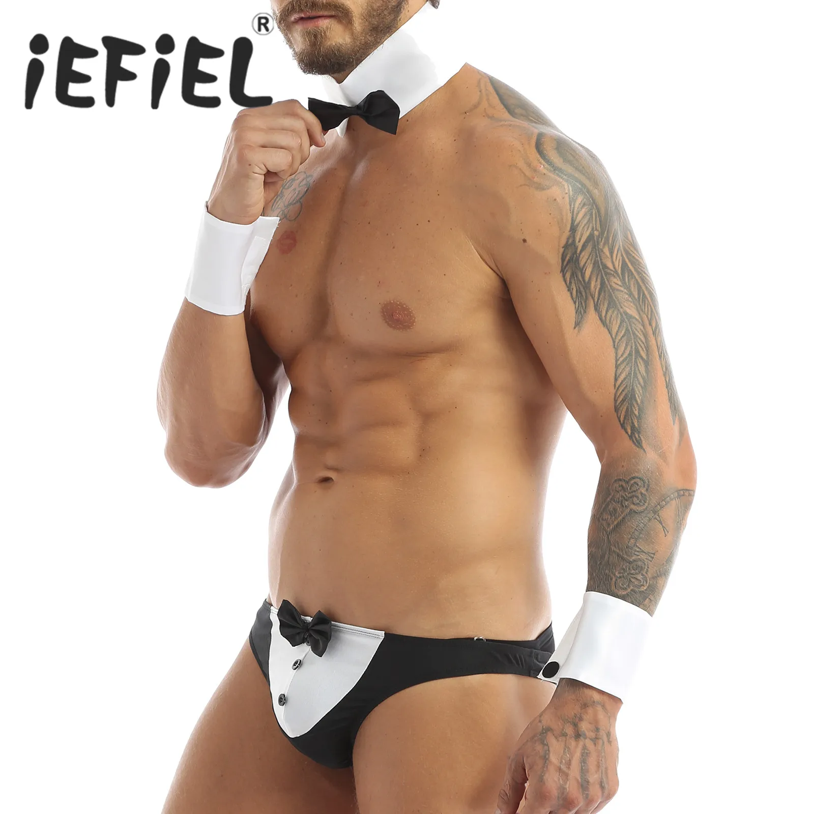 Men costume accessories Men lingerie set Men Erotic Sexy Roleplay Costume Waiter Tuxedo Accessories Collar and Cuff Set Collar Bracelets Sissy Lingerie Sets with Bow Tie