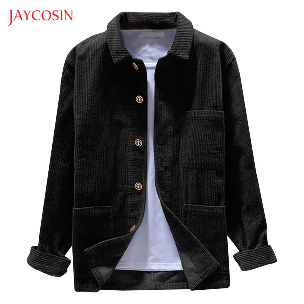 Joycosin, модная мужская рубашка, зимняя повседневная мужская одежда, вельвет, одноцветная, с длинным рукавом, мужские топы, воротник с лацканами, на пуговицах, рубашка, куртка