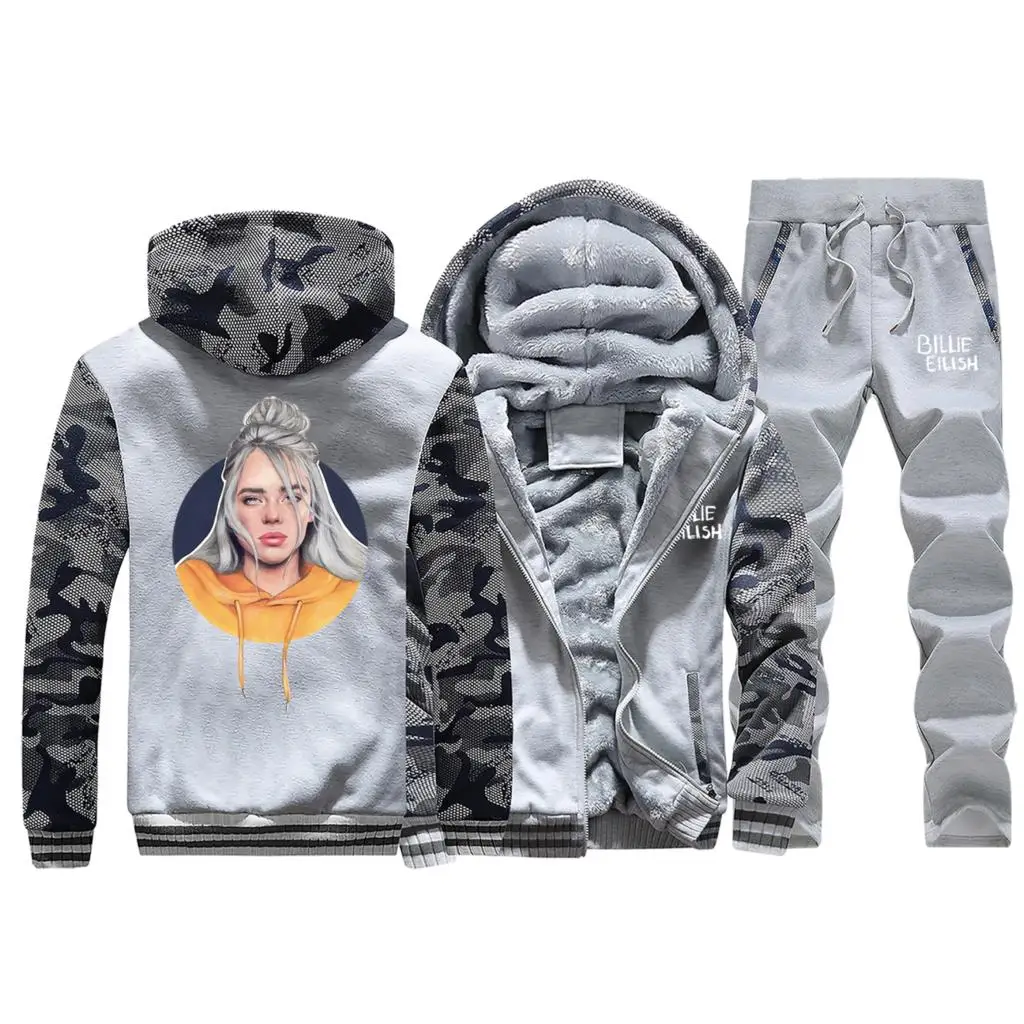 Модные камуфляжные толстовки Billie Eilish, комплекты из 2 предметов, мужские флисовые толстовки, забавные мужские толстовки размера плюс, повседневная спортивная одежда в стиле хип-хоп, уличная одежда - Цвет: Light Gray