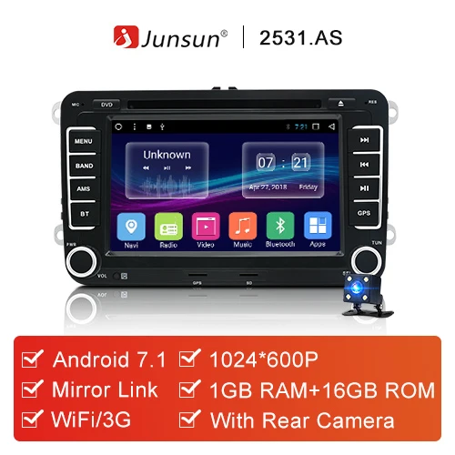 Junsun " 2 din автомобильный DVD gps Android радио плеер аудио стерео 1024*600 мультимедиа для Volkswagen VW golf 5 6 touran passat polo - Цвет: Android With camer