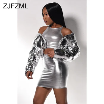 

Silver Bright PU Leather Winter Down Parkas Women Long Sleeve Hooded Bubble Jackets Fashion Casual Zipper Up Cropped Warm Coats