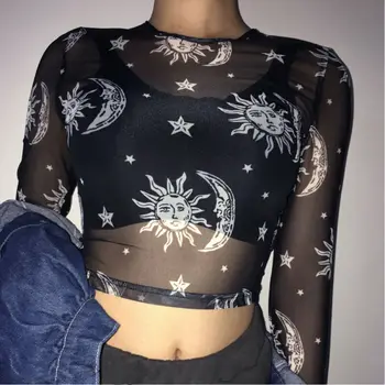 

Sexy Women Harajuku Mesh See Through T Shirt Tops Long Sleeve Transparent Sun Moon Star Print T-shirt Femininas Clubwear